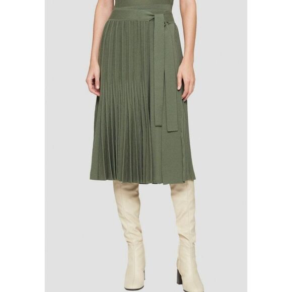 3.1 Phillip Lim Wool Blend Pleated Tie Waist A-Line Skirt in Army Green - Picture 2 of 11